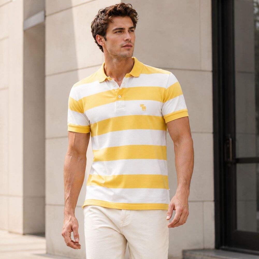 ABERCROMBIE & FITCH Men’s Muscle Polo Shirt LARGE Striped Yellow White Logo